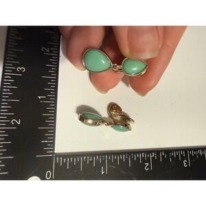 Vintage HMN Gold Tone Seafoam Green Cabochon Double Teardrop Clip On Earrings